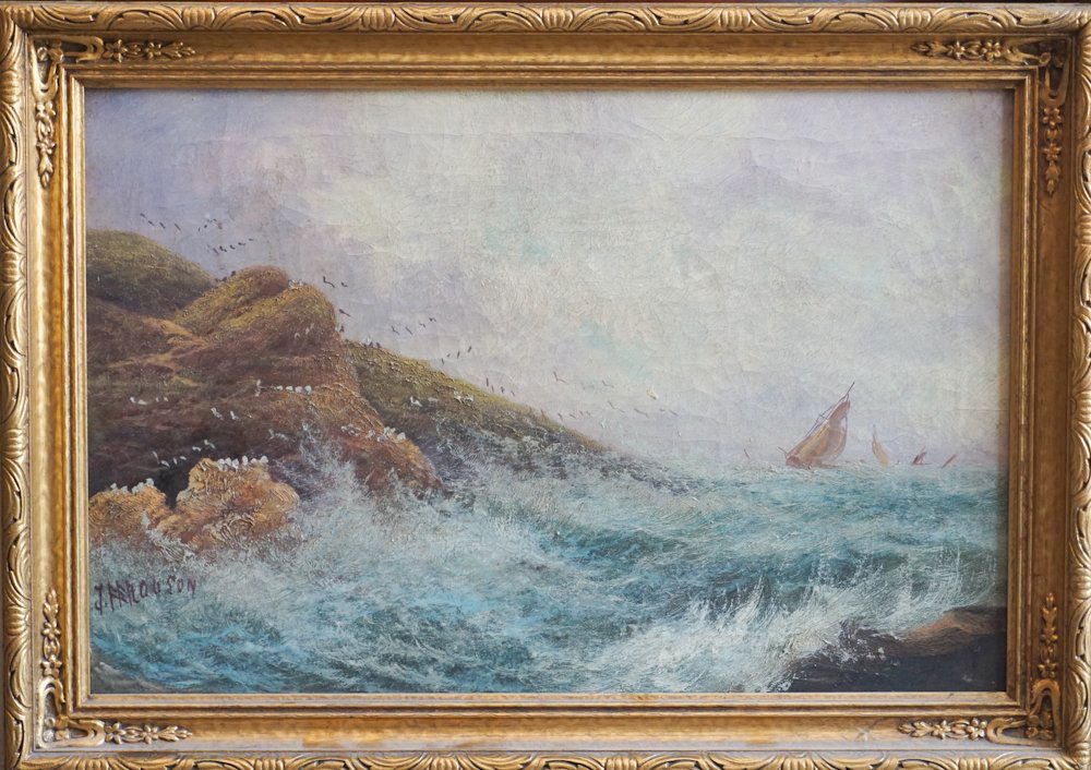 American or British School: Later 19th century. Oil on canvas rocky seascape with sailboats near shore. Signed Rouson lower left. Framed in gilt frame. Framed: H14 3/4" W21" Sold from the collection of a South Carolina gentleman