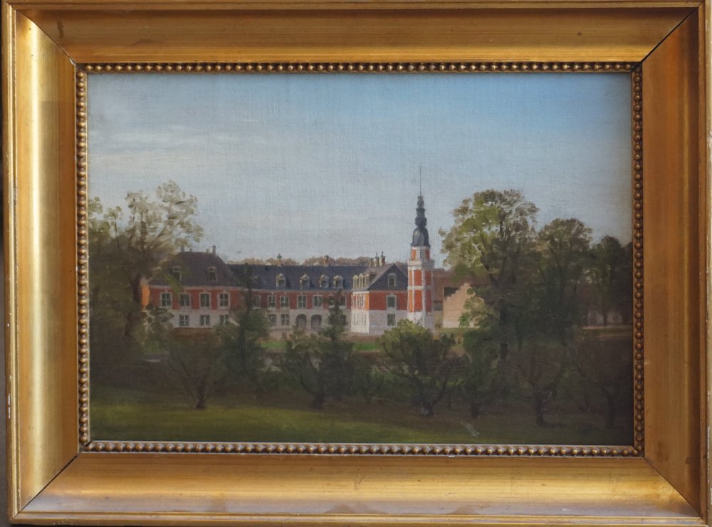 British School: Early 20th century. Oil on canvas depicting a stately building in the countryside. No apparent signature detected. Framed in a period gilt frame. Framed: H14 3/4" W19 3/4" Sold from the collection of