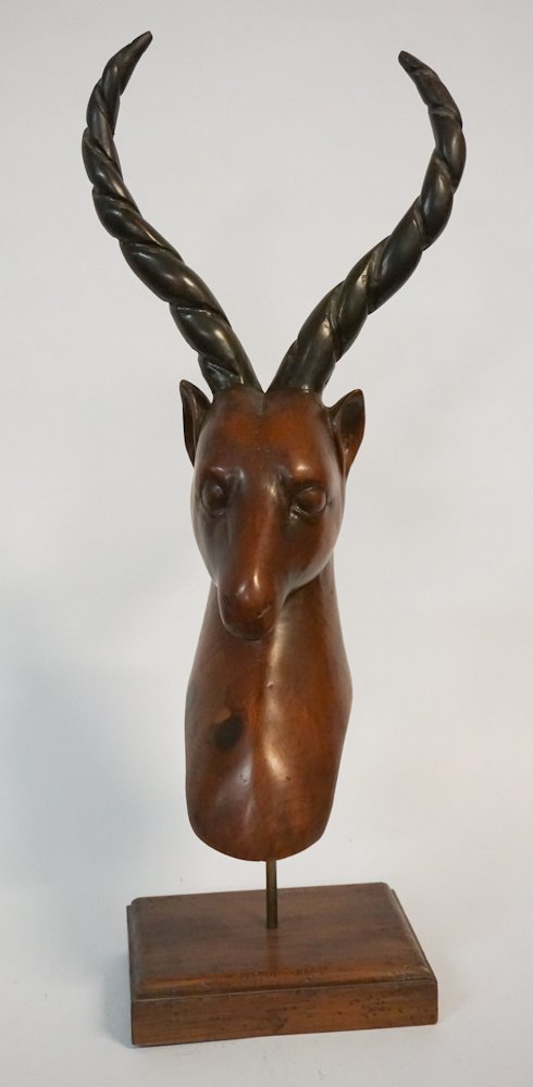 Deco Carved Yew Wood Impala on StandÂ : Mid to late 20th century, Spain. Very nicely carved and elegantly crafted. Good condition throughout. H27”Sold from the collection of a South Carolina gentleman diplomat. 150-200