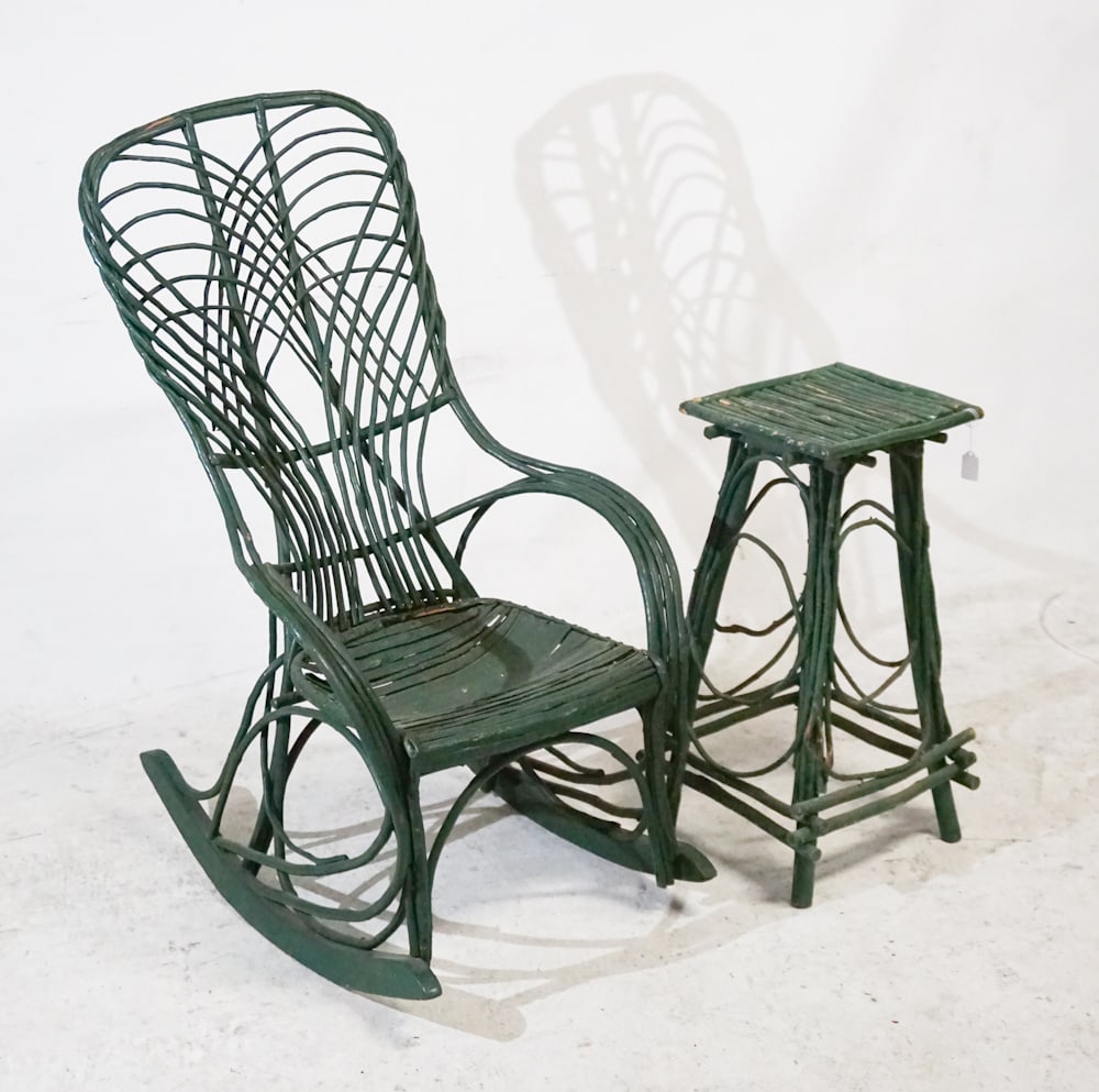 Set Antique Twig Furniture Pieces: 19th century group including a very fine rocker with matching side table . All nice and sturdy. Sold from the collection of a Washington, Georgia gentleman.
