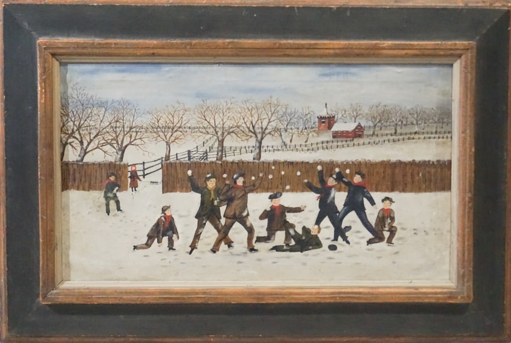American School: Last quarter of the 19th century. Very charming oil on canvas snow scene depicting a snowball fight in a country setting. Housed in a quality frame. The piece has two patches on verso with slight in p