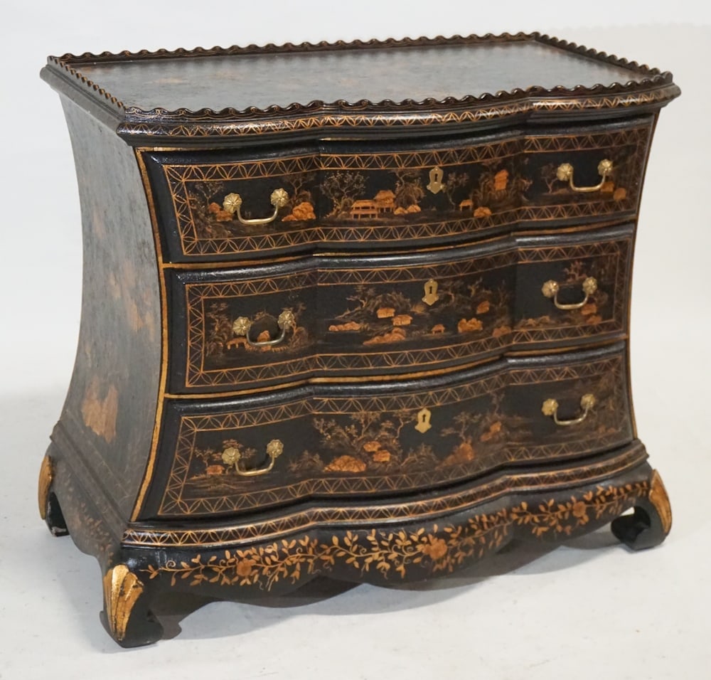 Chinese Chippendale Style Deco Japaned Chest: 20th century. Designer example having a nice surface with raised gallery over excellent Japanese style lacquer decorated case all resting on bombay style base with shell carved knees which are charmin