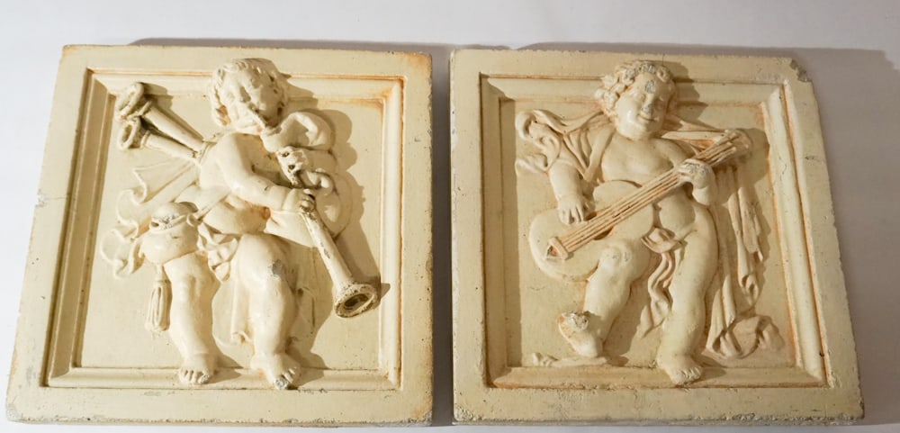 Pair Antique Italian Cast Stone Glazed Garden Tile (1 of 1)
