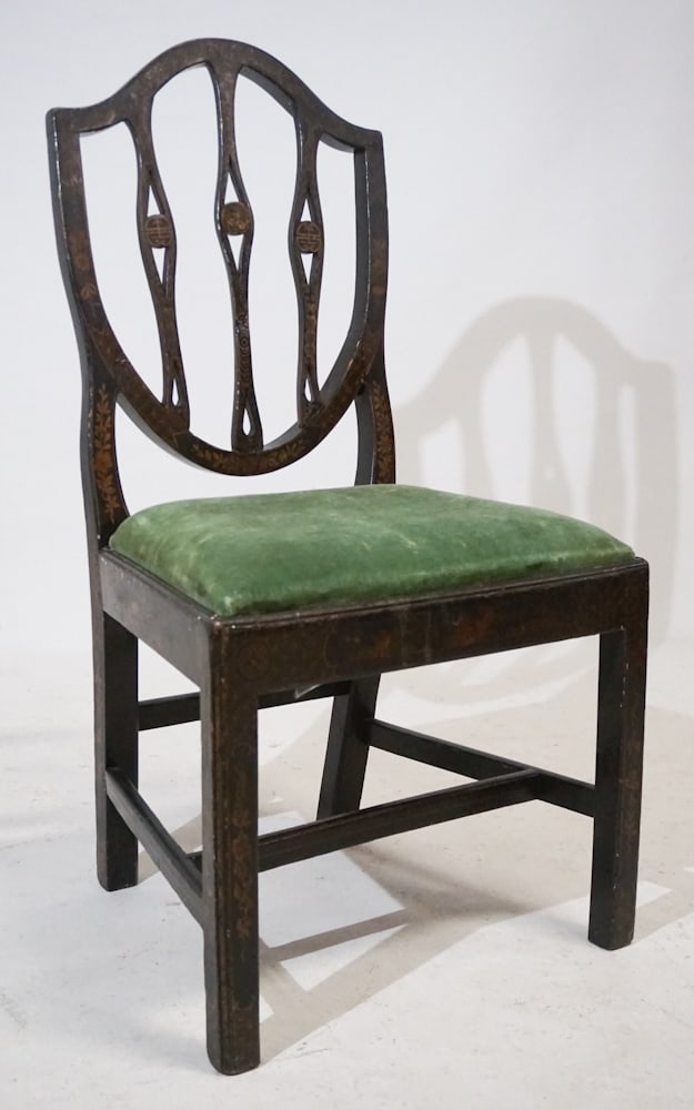 George III Chinoiserie Decorated Side Chair: 18th century, England. Chair having excellently early japaned surface. The chair is nice and sturdy and ready to use. H42" W20" D18" Sold from the collection of a South Carolina gentleman.