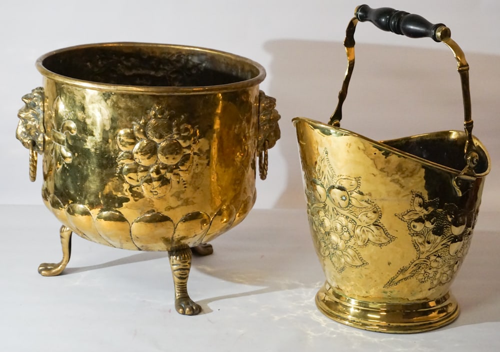 Two Antique English Polished Brass Fire Buckets (1 of 3)