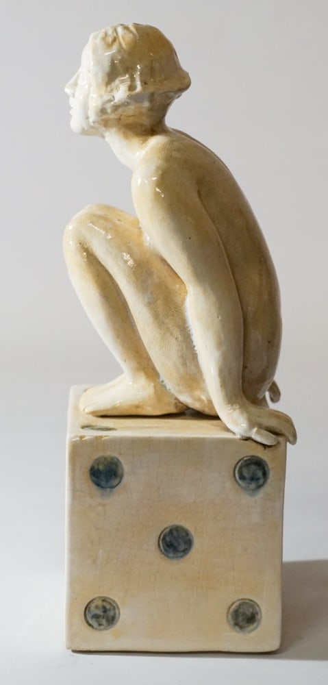 Vintage Art Pottery Figural Piece: Mid 20th century most likely. Deco nude lady atop a cube having been glazed nicely with an earth tone glaze. H15" Sold from the collection of Jean and Steven Rothrock of Georgetown, South Carolina. Ma