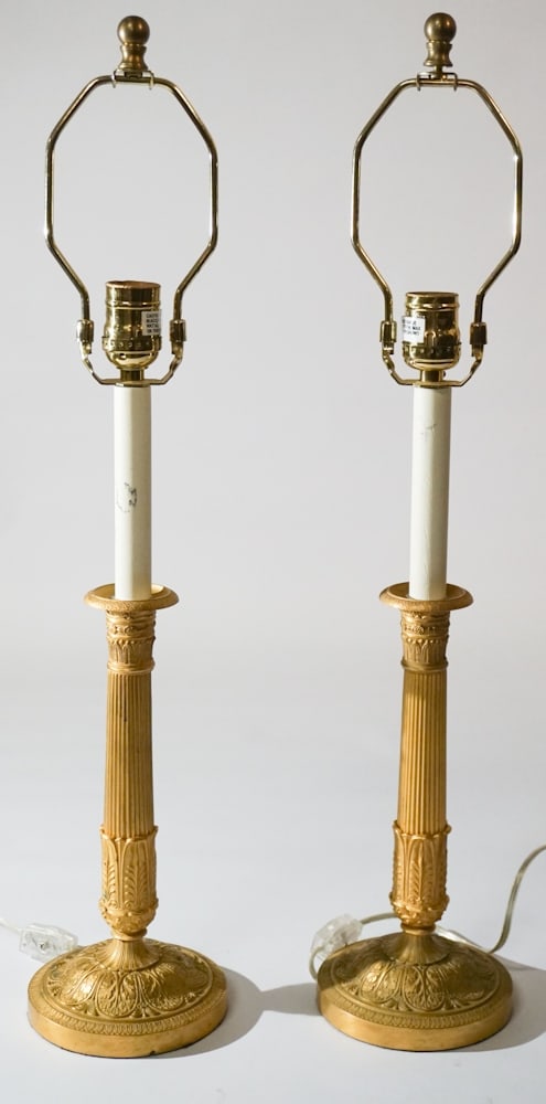 Pair French Empire Style Gilt Bronze Candlestick Lamps (1 of 3)
