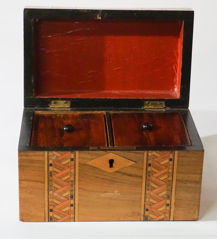 English Edwardian Inlaid Mixed Wood Tea Caddy (1 of 3)