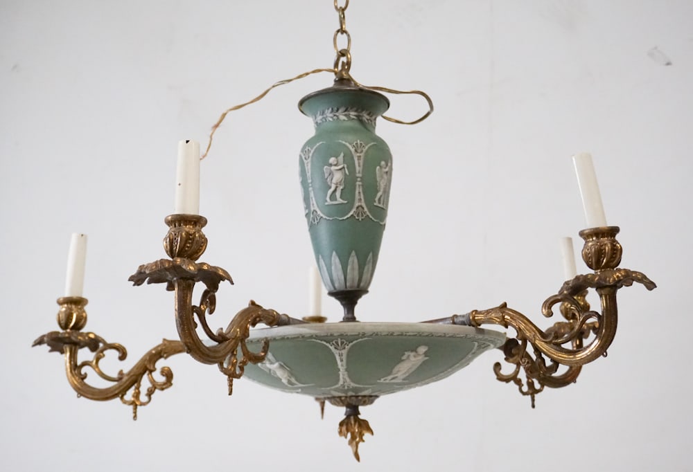 Excellent Antique English Wedgwood Chandelier: 19th or early 20th century. Very fine jasperware chandelier with nicely cast arms and fine gilding. Very good, well cared for condition and the piece is electrified. W30" H20"