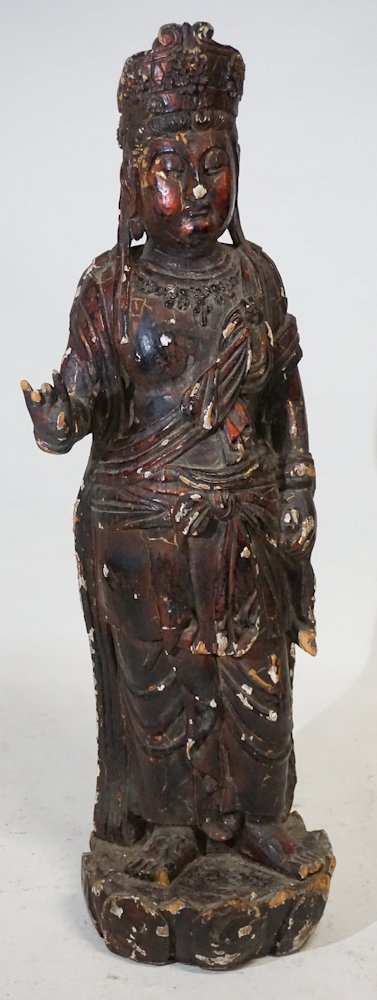 Antique Carved & Polychrome Quan Yin Statue: Chinese, circa 1900. Having been nicely carved and with an early gessoed and gilt surface. Some slight losses to surface consistent with age. H54"