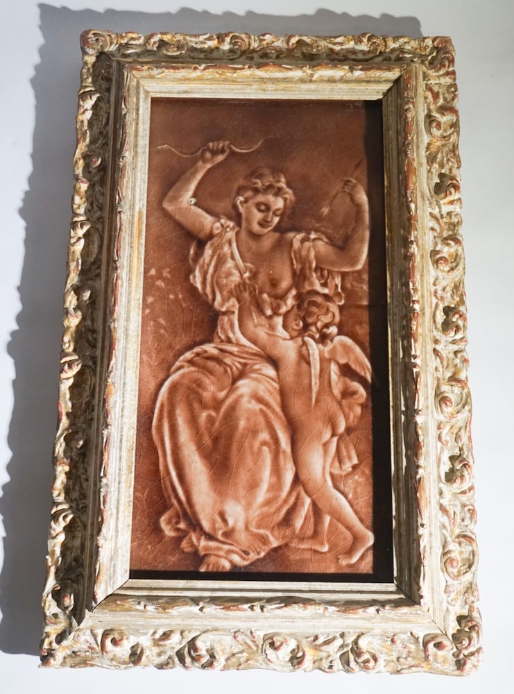 Arts & Crafts Glazed Pottery Jackfield Tile: Early 20th century, England. Excellently formed and glazed tile housed it a gild frame. Signed on verso. Good condition throughout. H12" W6" Sold from the collection of an upcountry, South Carolina ge