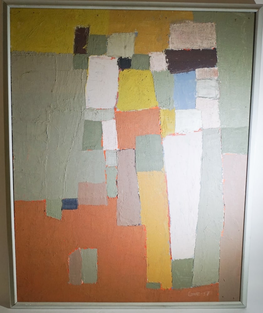 Joseph Cave: (South Carolina, b. 1936) Abstract oil on canvas signed lower right and dated 1957. Excellent condition and brilliant example. Signed again on verso. H29 3/4" W23 1/2" (without frame) Sold from the co