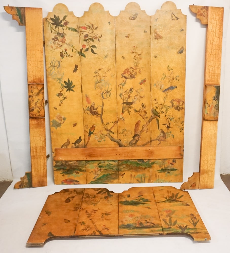 Designer Hand Painted Deco Bed: 20th century. Folding floor screen headboard bed painted with brilliant birds and floral accents. Very nice well kept condition side rails and headboard to match. H86 1/2" W65" L85" Sold from the coll