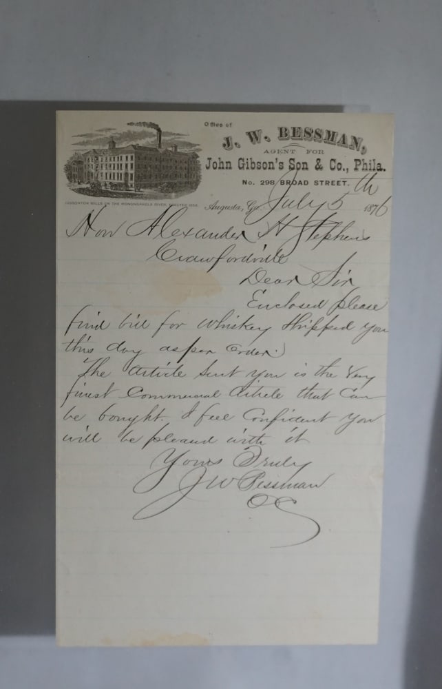 July 5th 1876 Alexander Stephens Whiskey Receipt: Receipt issued the day after independence day on the centennial anniversary of our nation's freedom from Great Britain. Issued for whiskey by John Gibson's Son & Co Philadelphia. Framed nicely for dis