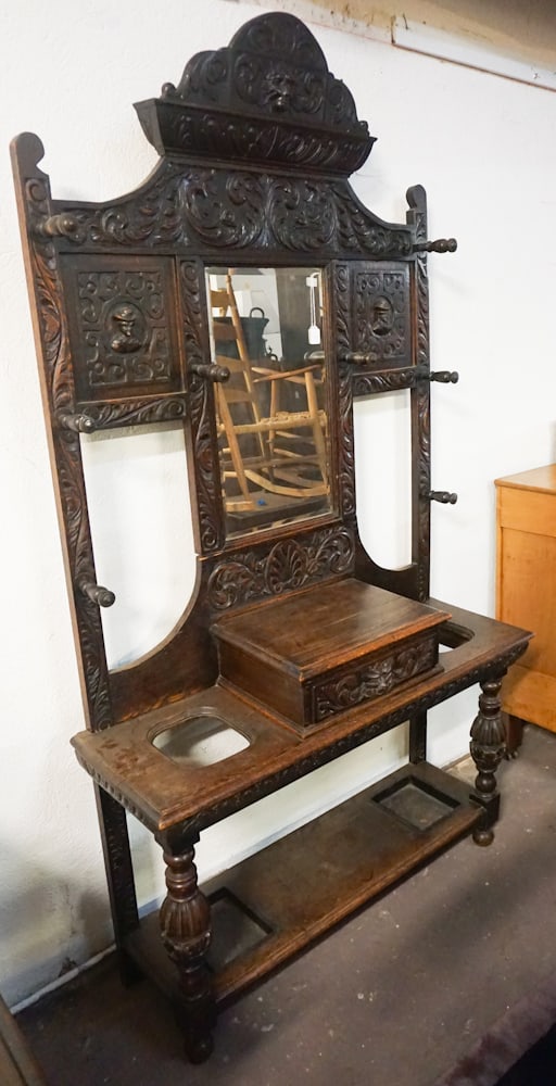 British Renaissance Revival Carved Oak Hall Tree (1 of 6)