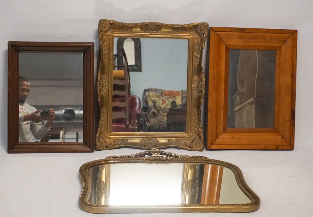 Collection Antique Mirrors or Looking Glasses: 19th century group including four various mirrors. All are in well cared for condition. Largest: H27" W29" Sold from the collection of a Beaufort, South Carolina lady and gentleman.