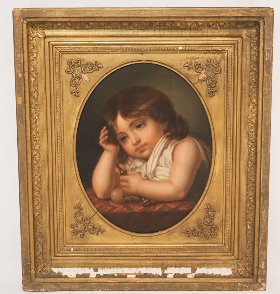 American School: Circa 1840. Well rendered oil on canvas of child sitting with whistle in hand at table. No apparent signature detected. The piece has been relined at some point. Framed in period frame. H14" W12 3/4" 