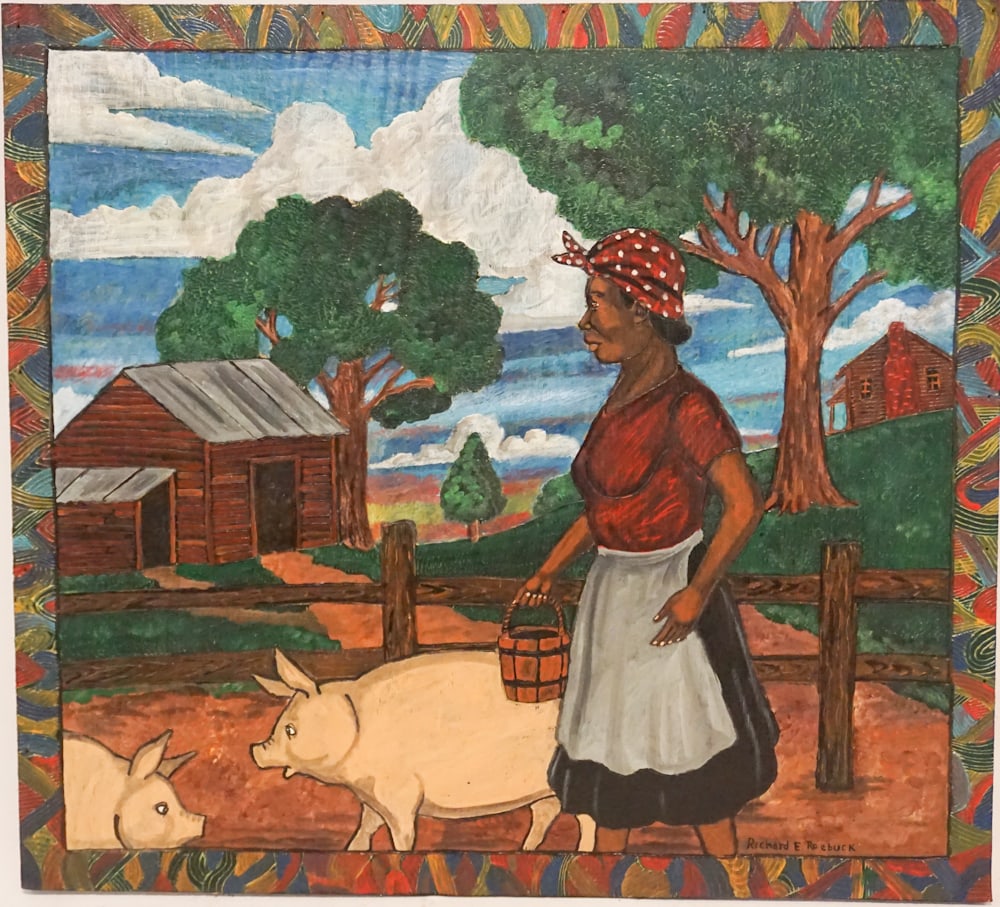 Richard Roebuck: (Georgia, 20th /21st century) Oil on board farm scene of African American woman feeding hogs in the Georgia hill country. Signed lower right. H29 1/2" W32 1/4"
