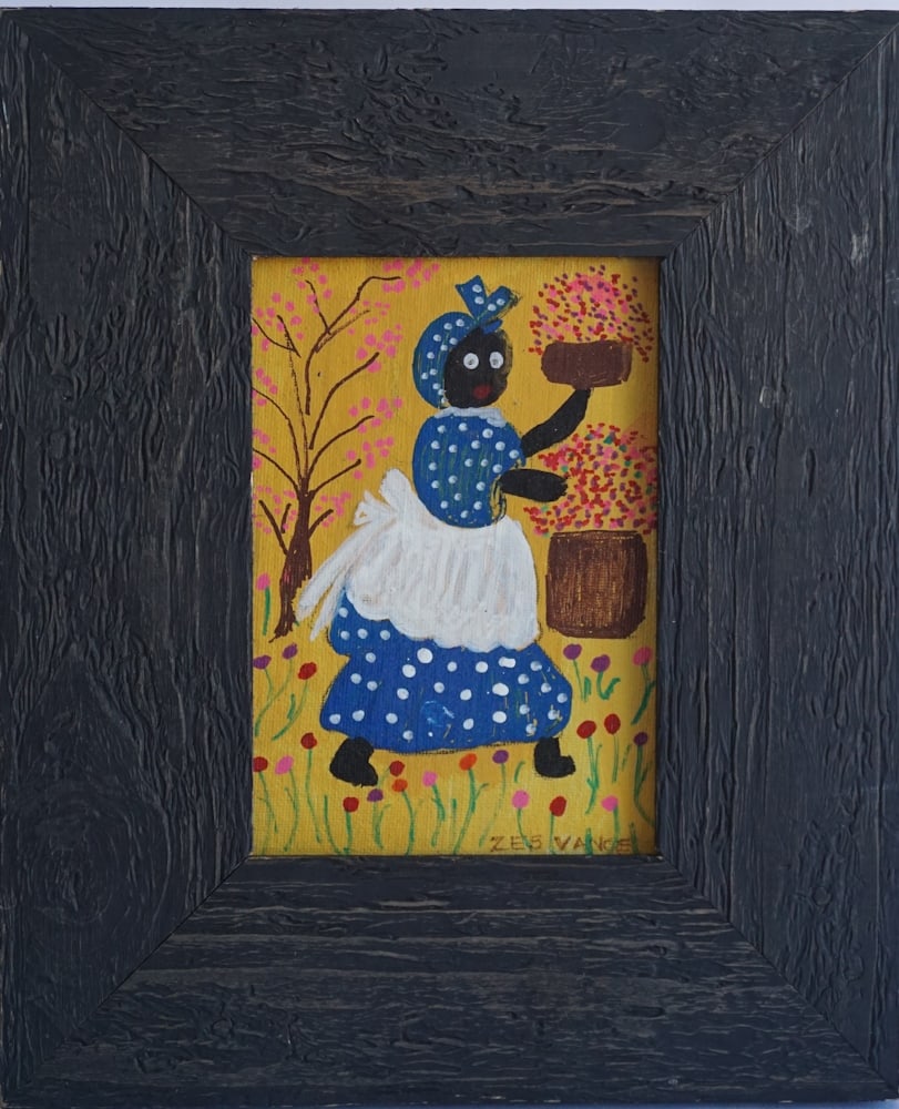 Zeb Vance: (America, 20th century) Folk art painting on artist board signed lower right and famed in primitive frame. H6 1/2" W4 1/2" (without frame)