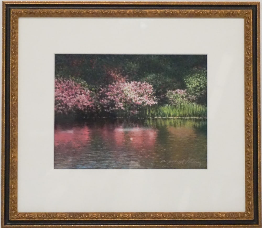Michael Story: (South Carolina, born 1953) Pastel on paper titled, Pink Transitions. Signed lower right and with gallery card on verso. H8 1/2" W11" (without mat and frame)
