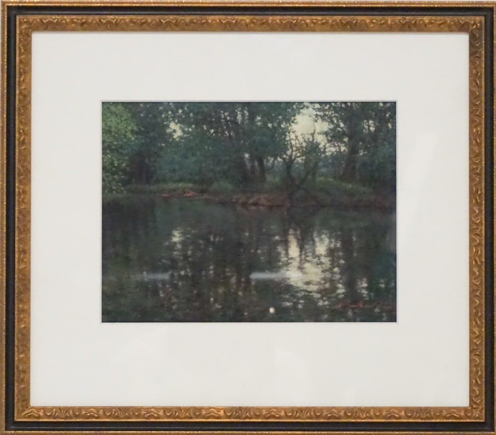 Michael Story: (South Carolina, born 1953) Pastel on paper titled, Morning Myst. Signed lower right and with gallery card on verso. H8 1/2" W11" (without mat and frame)