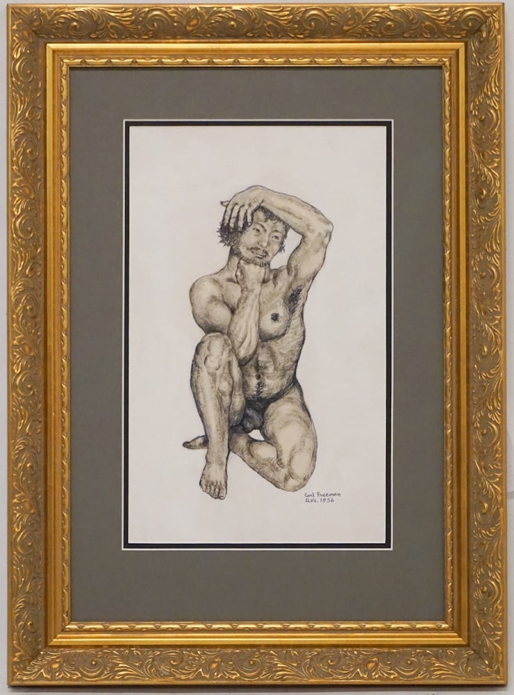 Carl Jackson Freeman: (South Carolina, 1939 - 2021) Mixed media oil on paper with pen and ink nude male figure signed and dated 1956 lower right. Framed nicely. H15 1/4" W9 1/4" Sold from the collection of a South Carolina