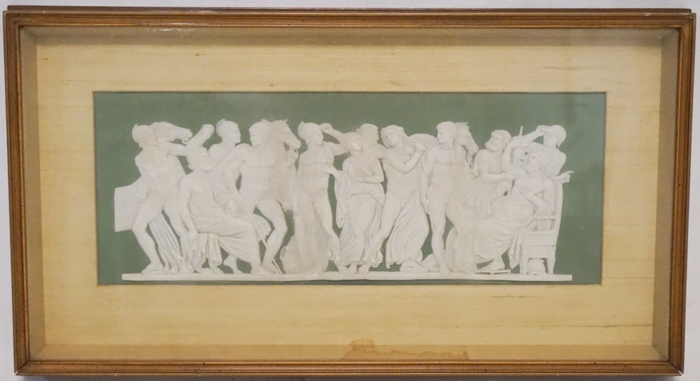 Antique English Wedgewood Pottery Greek Plaque: Last half of the 19th century. Having been brilliantly rendered and in good condition housed in frame for display. H6 1/4" W16 1/4" Sold from the collection of a South Carolina institution to benefit 