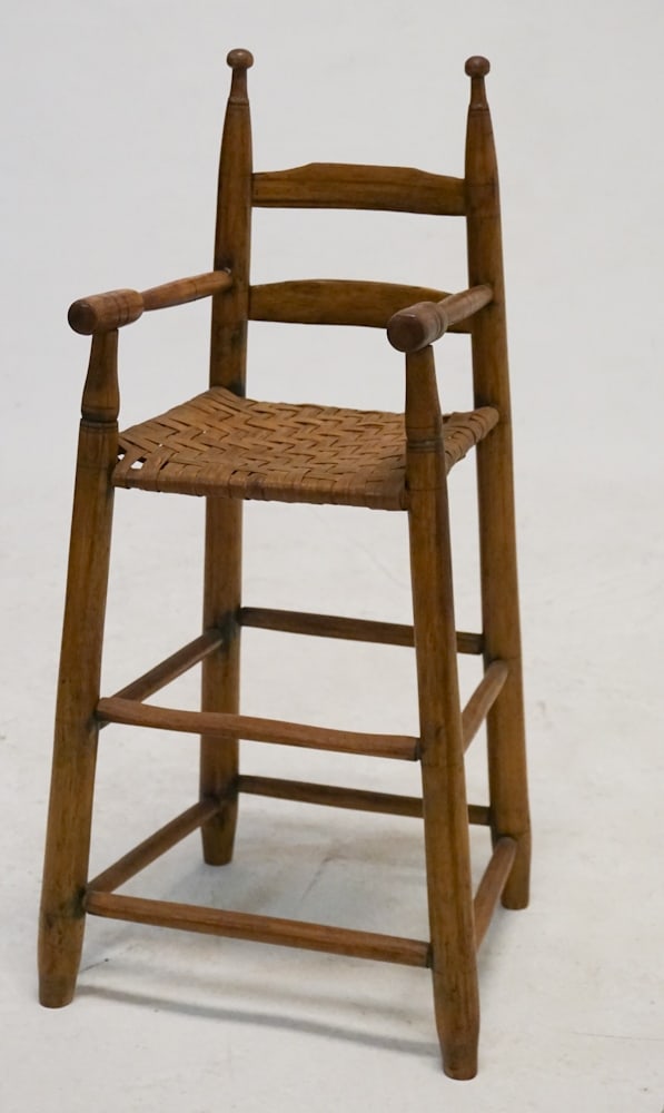 Antique Back Country Turned Wood Child's Chair: Early 19th century, likely Southern states. The nicely turned frame is sturdy. The seat is early and woven tight. H33" W12" D12"