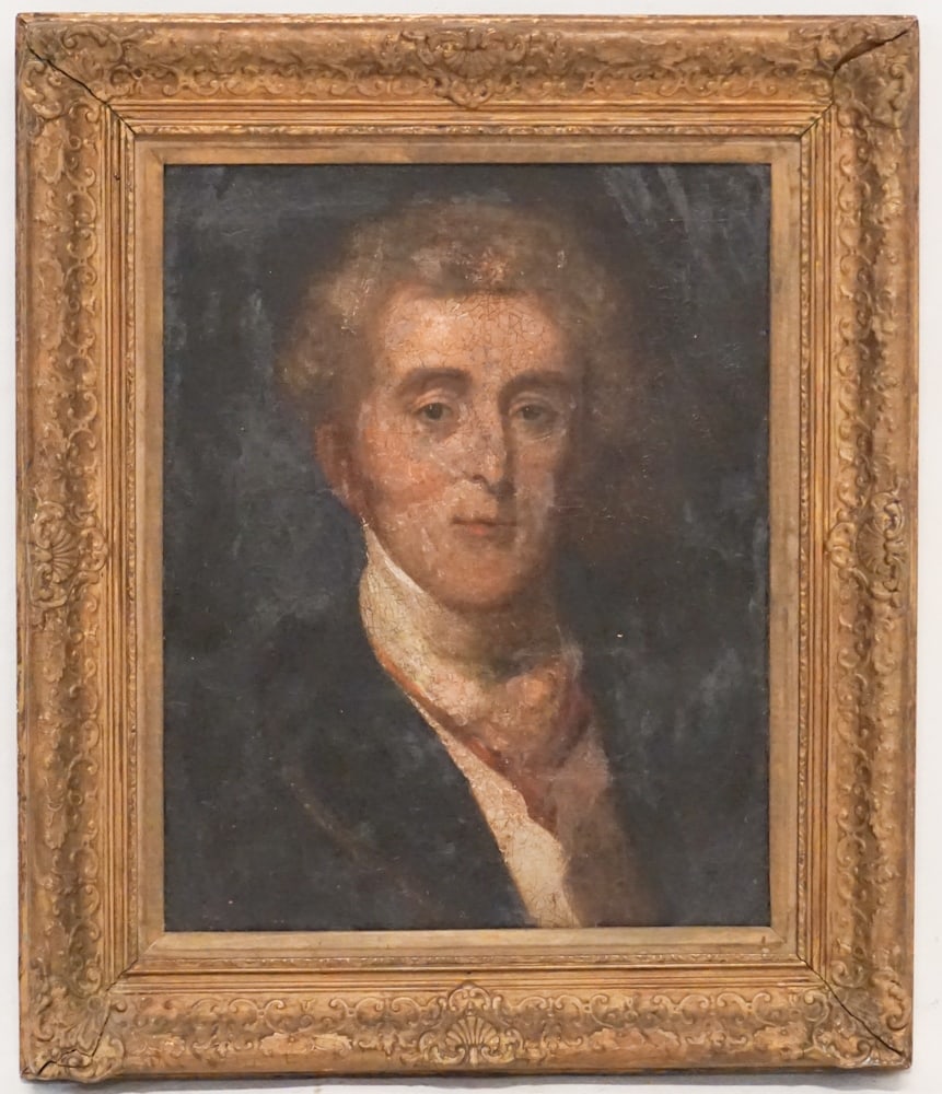 American or English School: Circa 1800. Portrait of a stately gentleman having been well rendered. The piece is framed in period gilt frame. The work has been relined at some point. H27" W22 1/2"