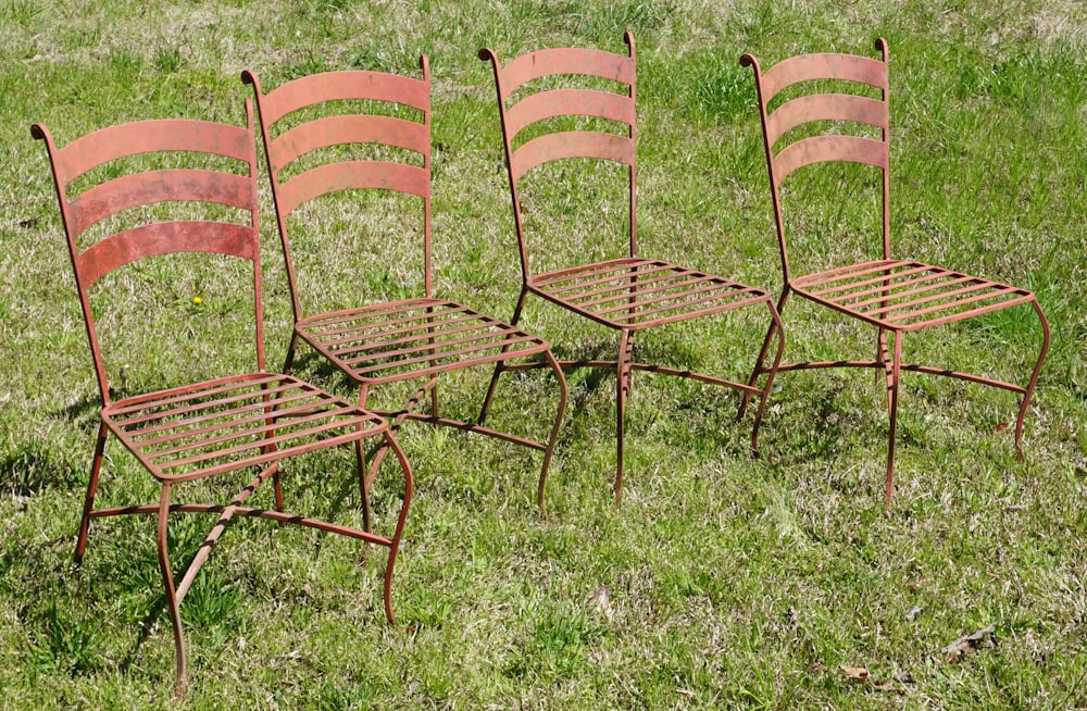 Fine Set Art Deco Wrought Iron Patio Chairs: Mid 20th century, possibly Salterini or a competitor. Very well crafted set having scrolling tops and feet. Nice sturdy condition as well and with an older red painted surface which shows nicely. H36"