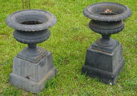 Pair Antique Cast Iron Garden Urns on Stands