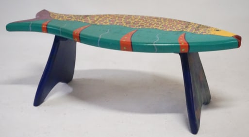 Charming Folk Art Painted Fish Bench