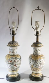 Pair Portuguese or Dutch Delft Style Pottery Lamps