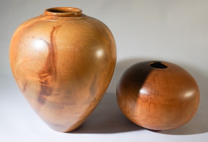 Two Handsome Lathe Turned Wood Vases