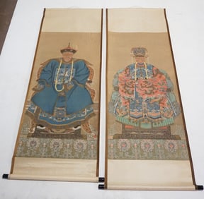 Pair Vintage Hand Painted Chinese Ancestor Scrolls