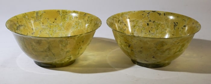 Two Vintage Chinese Spinach Jade Bowls