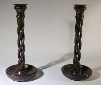Good Pair English Carved Oak & Brass Candlesticks