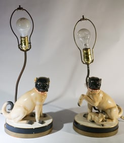 Pair Antique English Staffordshire Pottery Pug Lam