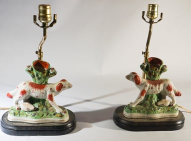 Good Pair Staffordshire Pottery Hunting Dog Lamps