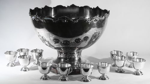 English Regency Style Silver Plate Punch Bowl & Cu