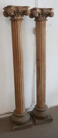 Pair Carved Pine & Stone Classical Columns