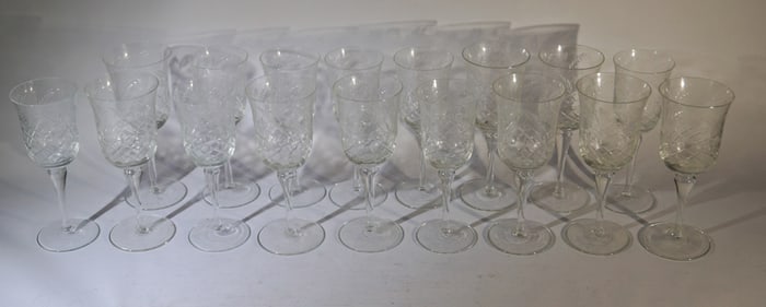 Set English Cut Crystal & Blown Glass Wine Stems