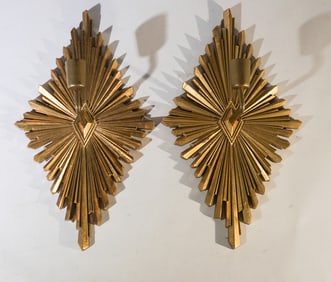 Pair Vintage Designer Deco Sunburst Wall Sconces Carved Wood