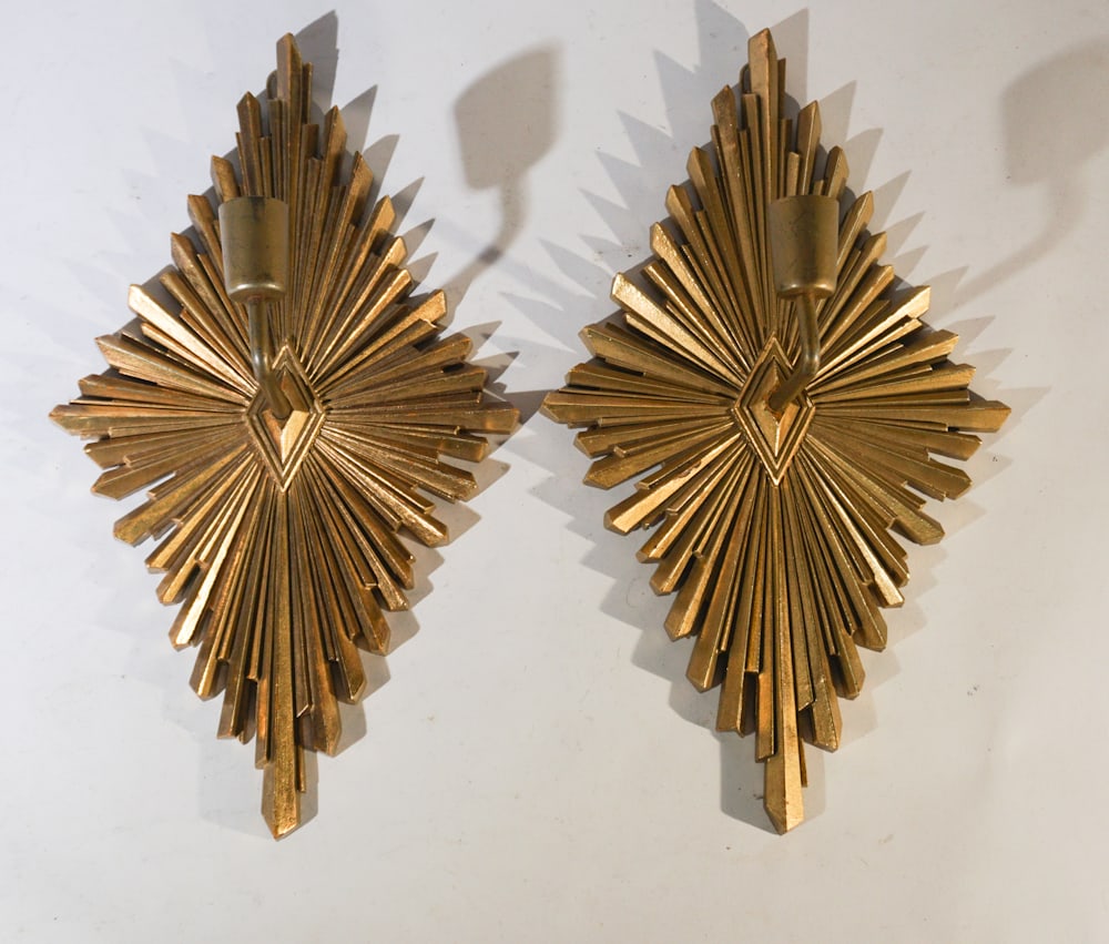 Pair Vintage Designer Deco Sunburst Wall Sconces Carved Wood (1 of 1)