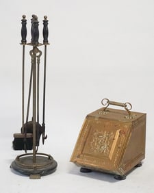 Antique English Brass Coal Scuttle & Fire Tools