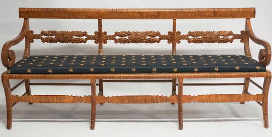American Federal Carved Tiger Maple Settee Bench