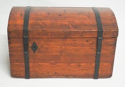 Antique Pine & Wrought Iron Dome Top Trunk