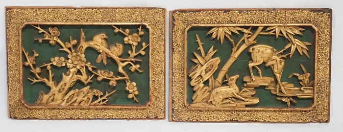 Pair Antique Chinese Carved Polychrome & Gilded