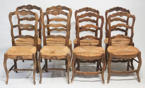 Eight Antique French Provincial Oak Dining Chairs