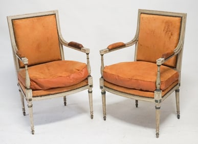 Pair French Empire Leather Open Armchairs